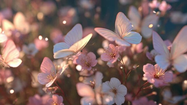 Delicate Butterflies and Blossoms in Soft Focus with Dew Drops