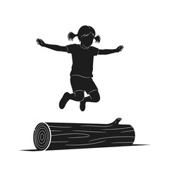 Silhouette of a young girl jumping from a log with arms outstretched