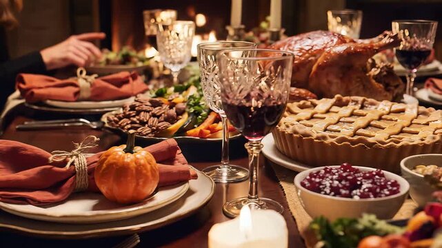 Thanksgiving Dinner Table Setting with Food and Decorations for Celebration.