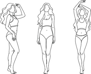 Minimalist Line Art Vector Illustration of Three Beautiful Women in Swimwear Posing Confidently for Fashion Beauty Wellness and Body Positivity