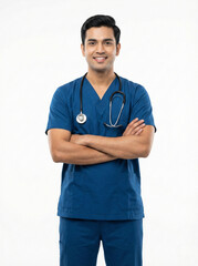 male doctor in blue scrubs standing confidently isolated on white background symbolizing healthcare professionalism medical expertise and clinical services