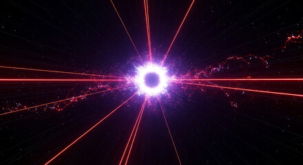 Fototapeta premium luminous energy core radiating red data streams and purple particles in a star-filled cosmic background illustrating advanced technology concepts