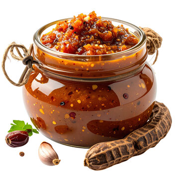 Homemade tamarind chutney in glass jar with garlic date and tamarind pod isolated on white background
