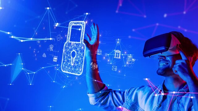 A man enjoys an immersive virtual reality experience, engaging with digital security concepts illustrated by a lock symbol amidst a vibrant blue background reflecting modern technology. Raster