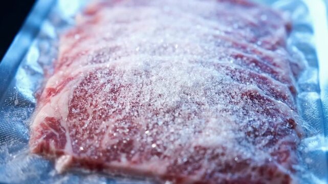 Vacuum sealed food raw marbled steak salted frozen packaging ready for storage preservation and sous vide cooking in clear transparent plastic pouch
