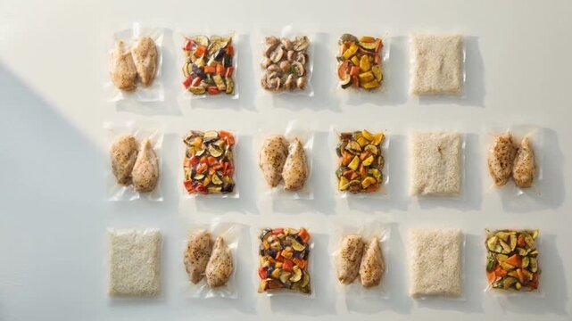 Vacuum sealed food meal chicken vegetable rice prepared seasoned chicken roasted vegetables rice arranged grid and neat rows for organized healthy