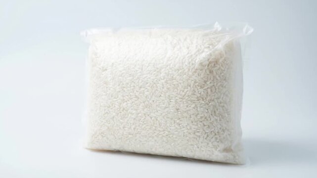Vacuum sealed food bag of white rice plain background conveying freshness and simplicity vacuum sealed food rice bag white rice packaged rice staple