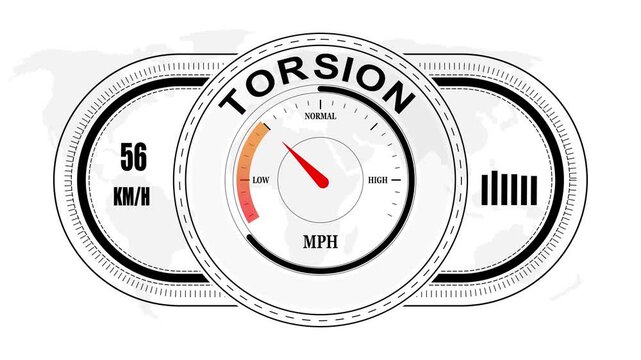 Universal level meter indicator with TORSION text Animation.Gauge scale meter status performance 4K motion background.System status risk health emotion performance gauge icon.
