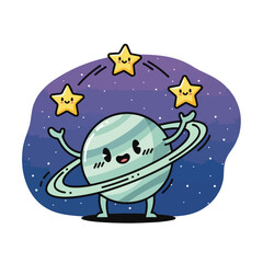 Fototapeta premium Adorable illustration of a planet juggling smiling stars in a starry night sky