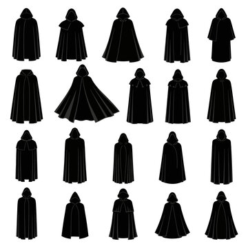 Collection of black hooded cloaks and capes in various styles