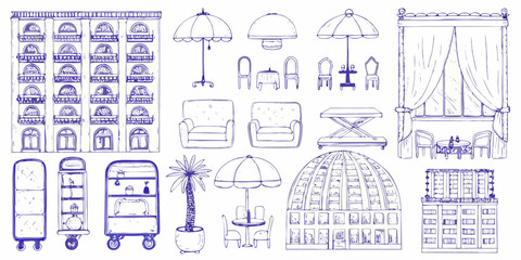Vintage architectural sketches of furniture buildings and decorative elements © Arabinda