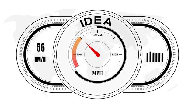Universal level meter indicator with IDEA text Animation.Gauge scale meter status performance 4K motion background.System status risk health emotion performance gauge icon.