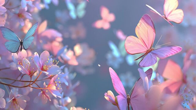 Delicate Butterflies Surround Blooming Flowers in Soft Pastel Colors