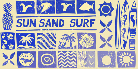 Blue and yellow summer themed pattern with beach icons and text © Arabinda