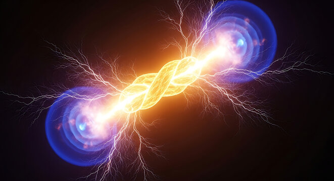 intertwined quantum energy connection with electrical discharges symbolizing powerful scientific innovation technology and synergy
