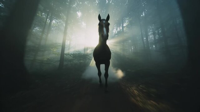 Akhal Teke horse walking in a misty forest with sun rays