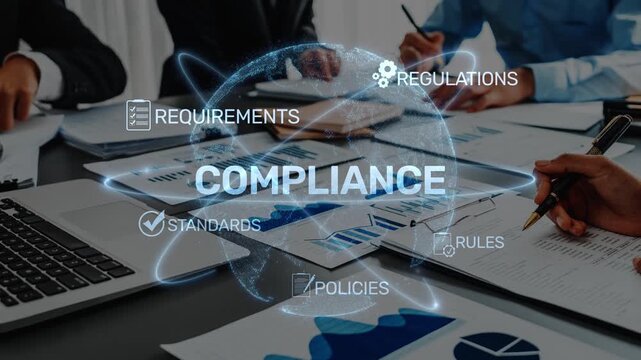 A business team collaborates on compliance strategies, focusing on regulations and standards. The modern workspace reflects commitment to governance and best practices. Raster