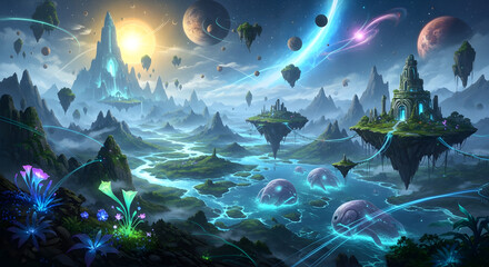 Obraz premium A fantastical landscape with floating islands and vibrant glowing plants and water