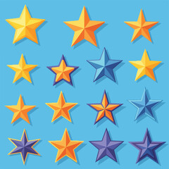Obraz premium Assorted 3D stars of various colors, arranged on a blue background