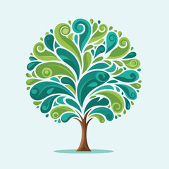 Artistic tree with stylized leaves in green and teal against a light background