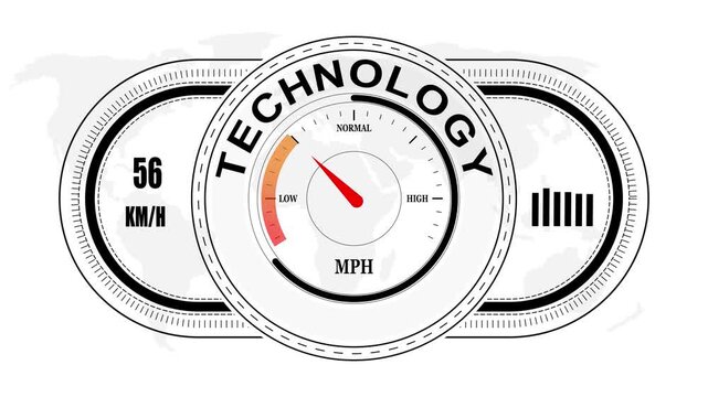 Universal level meter indicator with TECHNOLOGY text Animation.Gauge scale meter status performance 4K motion background.System status risk health emotion performance gauge icon.
