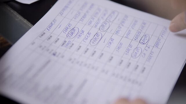Accountant Hand Circling Financial Figures On Paper Document. Statistics And Budget Numbers