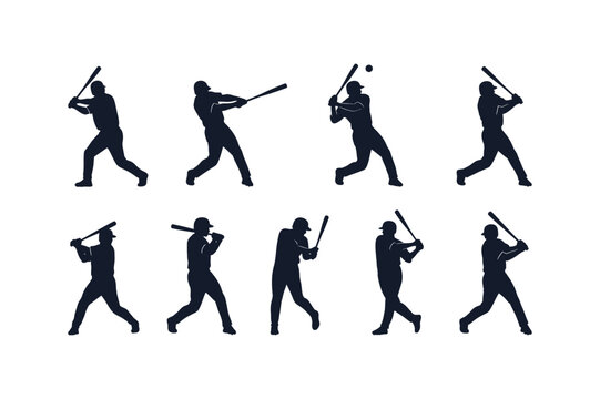 Baseball player silhouette sequence swinging a bat in various motions on white background