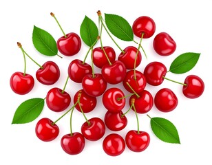 Overhead shot of ripe red cherries with green stems and leaves, set against a white backdrop