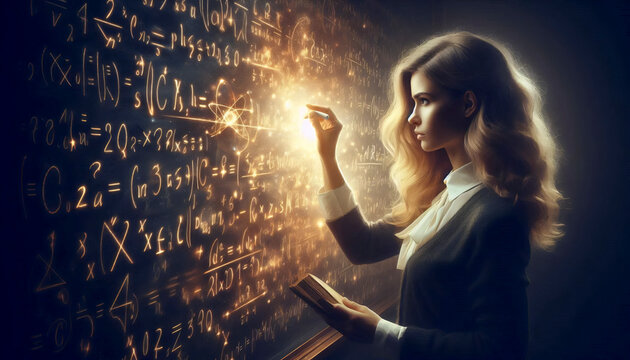 A woman surrounded by glowing mathematical formulae, Ai generated image