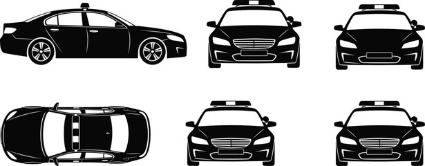 Police Car Silhouette Vector Set, Modern Patrol Vehicle Front Side Top Views, Black Law Enforcement Automobile Icons Isolated on White © NourjahanWorlds
