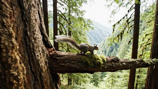 Agile Squirrel Ascends a Majestic Redwood Tree