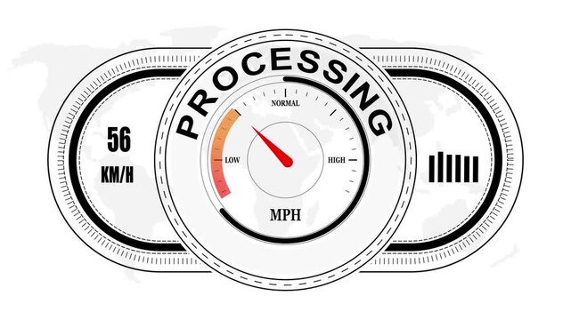 Universal level meter indicator with PROCESSING text Animation.Gauge scale meter status performance 4K motion background.System status risk health emotion performance gauge icon.