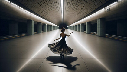 A woman waltzing alone in an empty subway station, Ai generated image