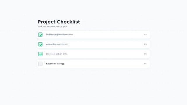 A digital project checklist interface displaying completed and pending tasks for organization