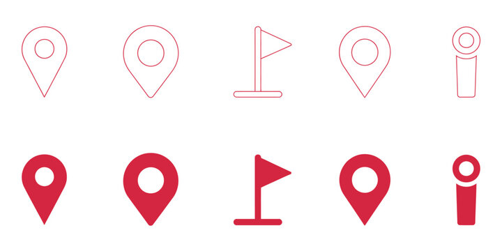 Map pin and location icons collection featuring address, GPS, place markers, flag signs, direction points