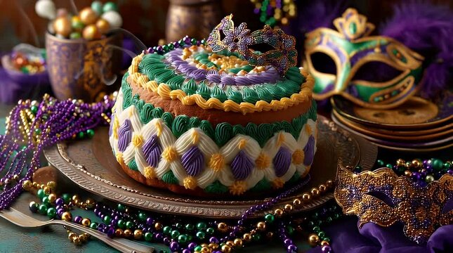 Mardi Gras King Cake Celebration with Beads and Masks.