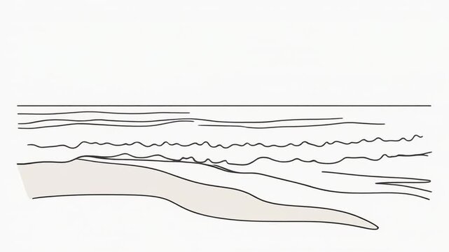 Minimalist line art of a beach scene. Black waves crash onto a sandy shore