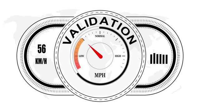 Universal level meter indicator with VALIDATION text Animation.Gauge scale meter status performance 4K motion background.System status risk health emotion performance gauge icon.