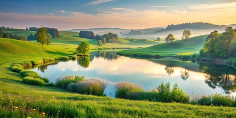 Fototapeta premium Serene Sunset Landscape Featuring a Tranquil Pond Reflecting the Golden Hour Sky and Lush Green Rolling Hills