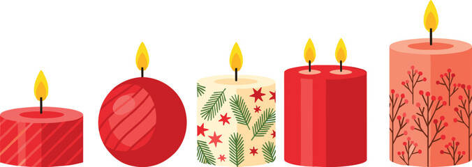 Decorative holiday candles illustration, festive seasonal design with lit flames, striped, spherical, pine branch and berry patterns – flavector © MstMarufa