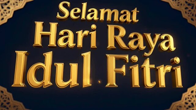 An elegant Islamic celebration greeting card with a gold decorated frame and festive "Selamat Hari Raya Idul Fitri" text on a dark blue background, perfect for the religious holiday.