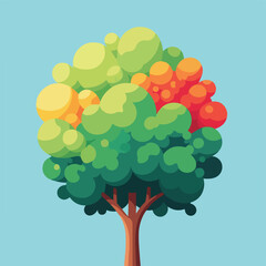 Cartoon-style tree with a vibrant, colorful canopy on a blue background