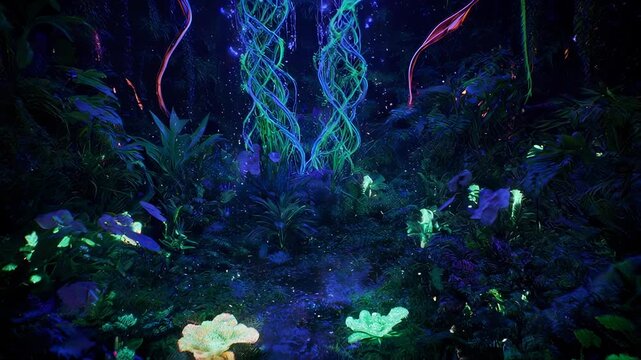 Bioluminescent alien jungle with glowing flora, ethereal vines, and celestial sparkles