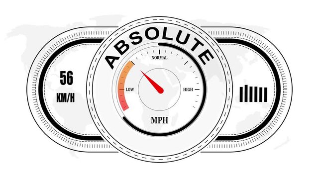 Universal level meter indicator with ABSOLUTE text Animation.Gauge scale meter status performance 4K motion background.System status risk health emotion performance gauge icon.