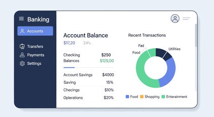 Naklejka premium Online Banking App Interface: Account Balance and Transaction Pie Chart