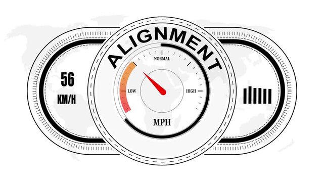 Universal level meter indicator with ALIGNMENT text Animation.Gauge scale meter status performance 4K motion background.System status risk health emotion performance gauge icon.