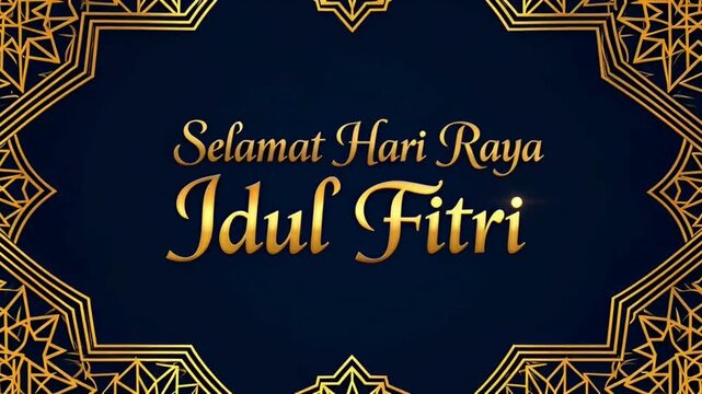 An elegant Islamic celebration greeting card with a gold decorated frame and festive "Selamat Hari Raya Idul Fitri" text on a dark blue background, perfect for the religious holiday.