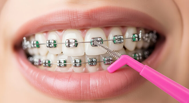 Person cleaning braces with pink interdental brush teeth hygiene