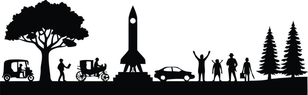 Horizontal city skyline silhouette with world landmarks, bridge, palm trees, and boat vector illustration. Life journey and transportation evolution silhouette with rickshaw, horse carriage, car, rock