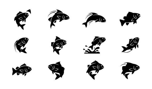 Jumping fish silhouette icon set dynamic aquatic jump poses vector collection isolated on white